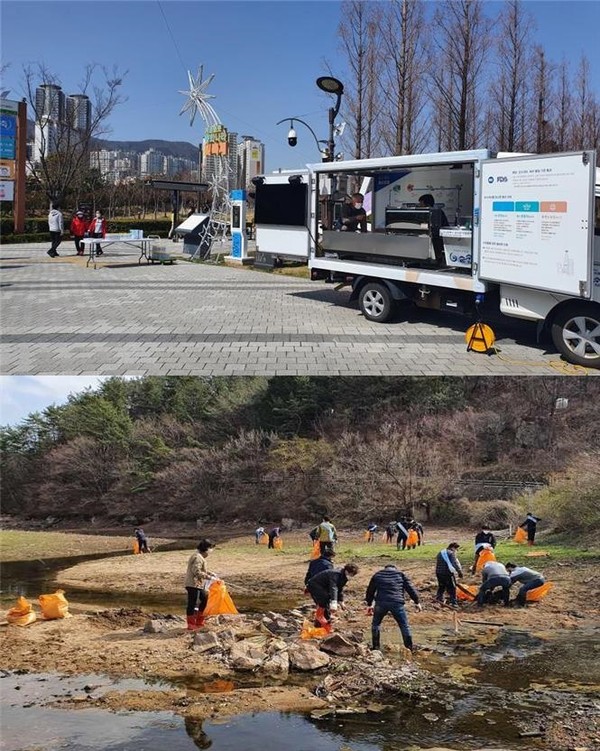 카페음수차 운영(상), 회동수원지 환경정비활동(하).(출처=부산시)