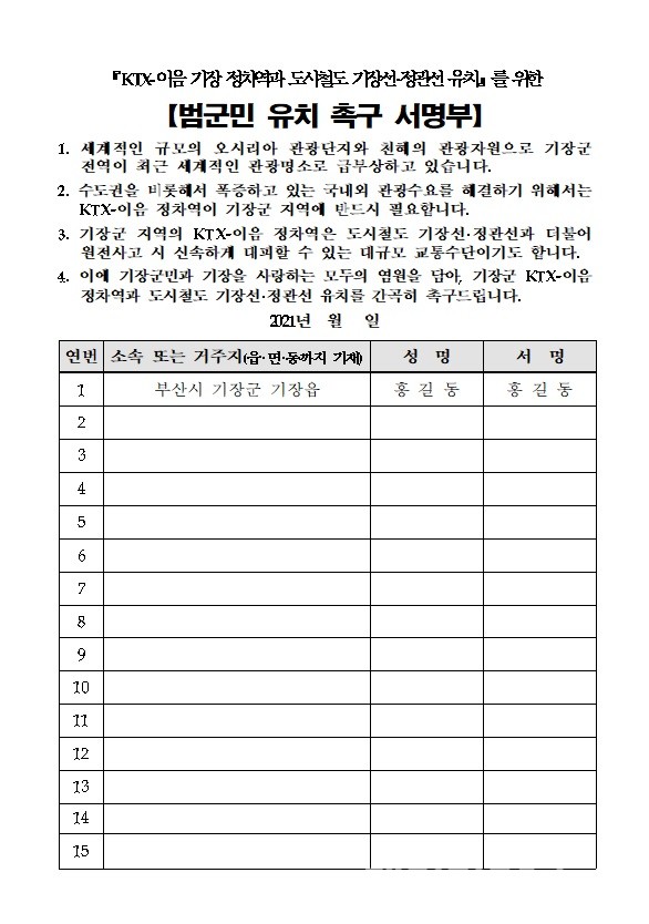 KTX-이음 관련 범군민 유치 촉구 서명부. [제공=기잔군]