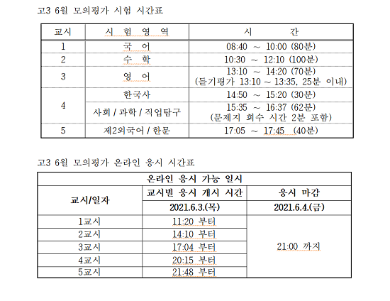 6월 모의고사 시험 시간표 및 온라인 응시 시간표 사진 (제공=부산교육청)